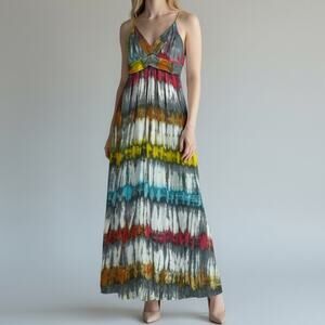 Ruby Rocks Maxi Pleated Babydoll Dress NWT Women's Sz XS Rainbow Striped Y2K